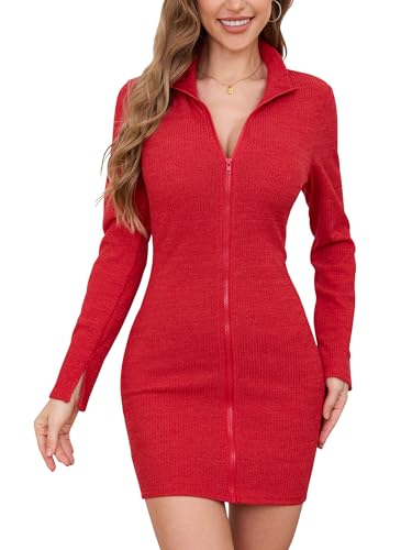 Colisha Damen Bodycon Minikleid Langarm Full Zip Strickkleid Slim Fit Schwarz Jumper Kleider Plus Size, #2 Rot, XL von Colisha