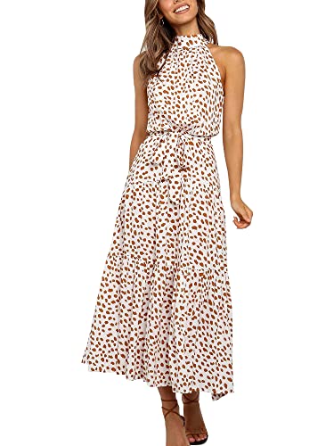 Colisha Damen-Maxikleid mit Gürtel, ärmellos, floral, lang, für Abschlussball, Abendkleid, Sonnenkleid, elegant, für den Sommer, beige, Medium von Colisha