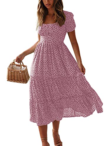 Colisha Damen Maxikleid mit kurzen Puffärmeln, quadratischem Ausschnitt, Blumenmuster, ausgestellt, fließend, Chiffon, Maxikleid, Sommer, Strand, Urlaub, rose, XX-Large von Colisha