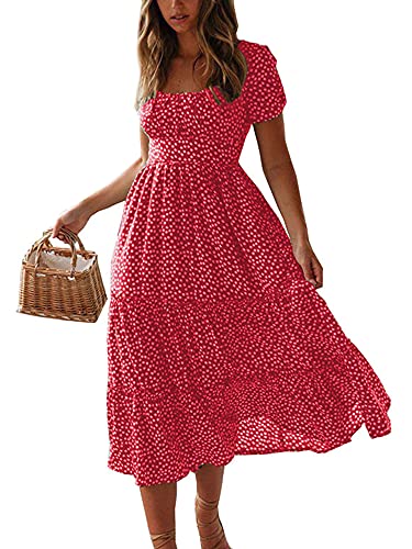 Colisha Damen Maxikleid mit kurzen Puffärmeln, quadratischem Ausschnitt, Blumenmuster, ausgestellt, fließend, Chiffon, Maxikleid, Sommer, Strand, Urlaub, rot, Small von Colisha