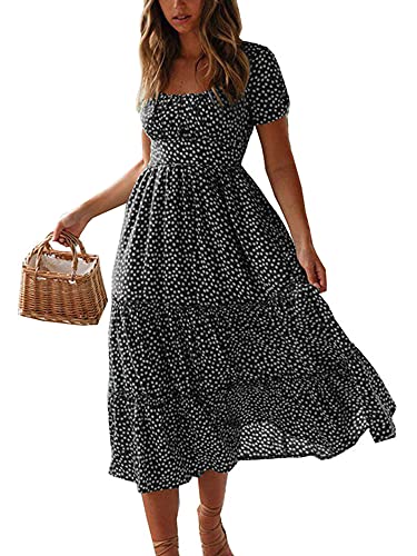 Colisha Damen-Midi-Kleid mit kurzen Puffärmeln, quadratischem Ausschnitt, Blumenmuster, ausgestellt, fließendes Chiffon-Maxikleid, Sommer, Strand, Urlaub, Sommerkleid, Schwarz , Small von Colisha