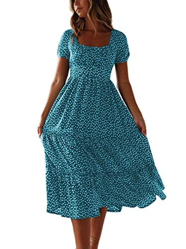 Colisha Damen-Midi-Kleid mit kurzen Puffärmeln, quadratischem Ausschnitt, Blumenmuster, ausgestellt, fließendes Chiffon-Maxikleid, Sommer, Strand, Urlaub, Sommerkleid, blau, Small von Colisha