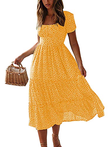 Colisha Damen-Midi-Kleid mit kurzen Puffärmeln, quadratischem Ausschnitt, Blumenmuster, ausgestellt, fließendes Chiffon-Maxikleid, Sommer, Strand, Urlaub, Sommerkleid, gelb, Medium von Colisha