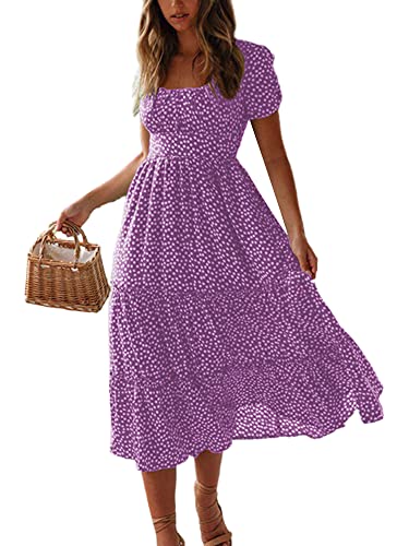 Colisha Damen-Midi-Kleid mit kurzen Puffärmeln, quadratischem Ausschnitt, Blumenmuster, ausgestellt, fließendes Chiffon-Maxikleid, Sommer, Strand, Urlaub, Sommerkleid, violett, L von Colisha