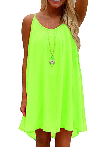 Colisha Damen Sommer Spaghettiträger Mini Neon Kleid Hohl Rücken Chiffon Kleider Criss Cross Badeanzug Cover Cups Strandkleidung, leuchtend grün, 48 von Colisha