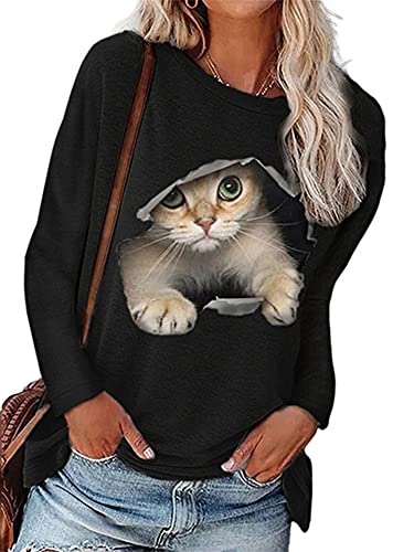 Colisha Damen-T-Shirt mit niedlichem 3D-Katzen-Druck, langärmelig, Rundhalsausschnitt, Übergröße, Oberteil für Damen, Schwarz , Large von Colisha
