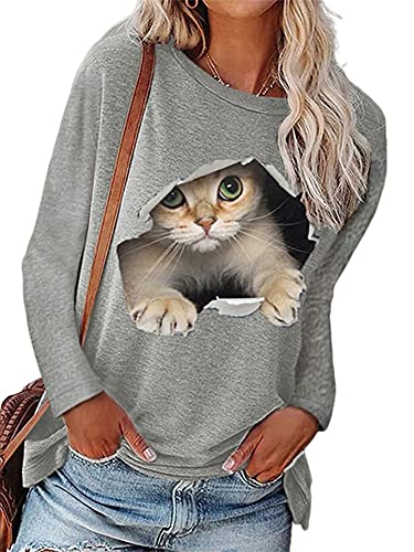 Colisha Damen-T-Shirt mit niedlichem 3D-Katzen-Druck, langärmelig, Rundhalsausschnitt, Übergröße, Oberteil für Damen, grau, Small von Colisha