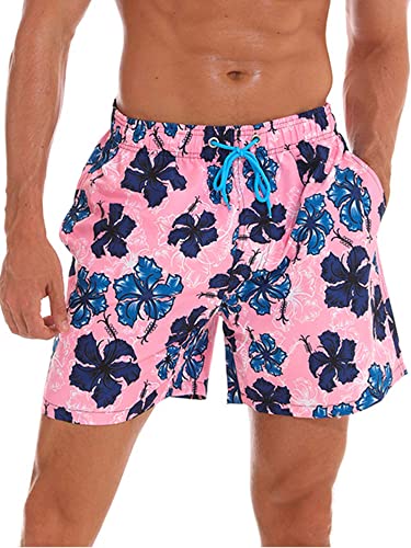 Colisha Herren Boardshorts Tasche Strandhosen Kordelstring Badeanzug Männer Strandkleidung Schnelltrocknend Badehose Hohe Taille Rosa Blume XXL von Colisha