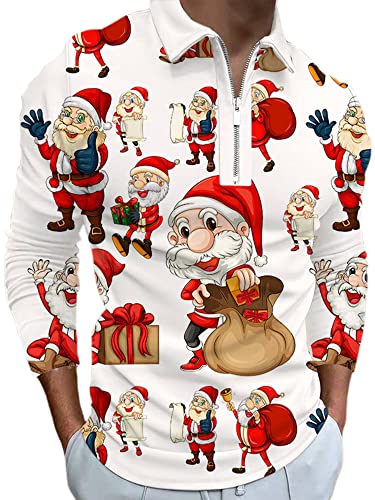 Colisha Herren Oberteile Weihnachten Polo-Hemd Revershals T -Shirts Männer -Hemd Karikatur T-Shirt Lange Ärmel Weiß Rot XL von Colisha