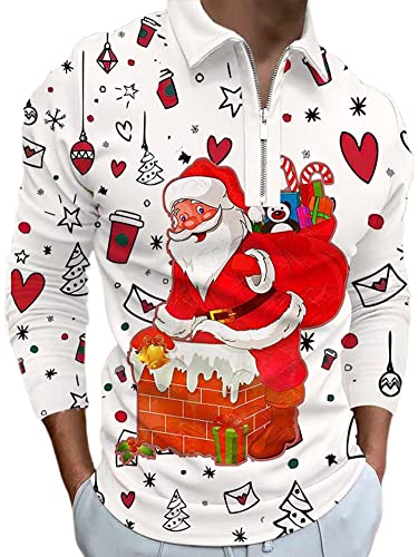Colisha Herren Oberteile Weihnachten Polo-Hemd Revershals T -Shirts Männer -Hemd Karikatur T-Shirt Lange Ärmel Weiß XL von Colisha