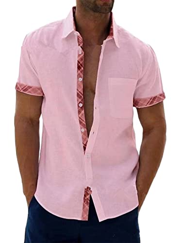 Colisha Männer T -Shirt Kurzarm Oberteile Revershals Sommerhemden Herren Bluse Normale Passform T-Shirt Knopf nach unten Rosa 5XL von Colisha