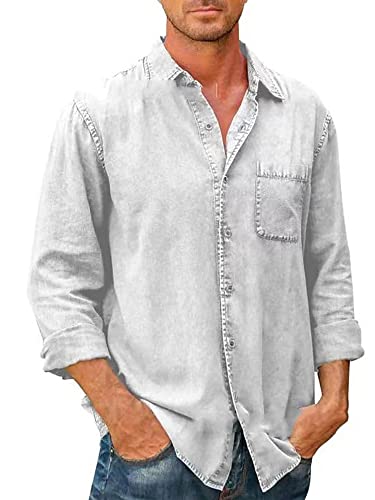 Colisha Männer Tunika-Oberteile Button Down Jeanshemden Revers Jeanshemd Herren Bluse Klassisch Lange Ärmel Weiß Grau 4XL von Colisha