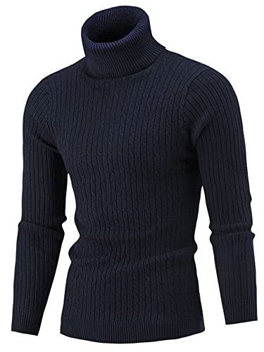 Colisha Sweatshirt Herren Freizeithemd Einfarbig Langarmshirt Men's Cable Knit Turtleneck Pullover Sweater Thermal Twisted Knitted Sweater L Navy Blau von Colisha