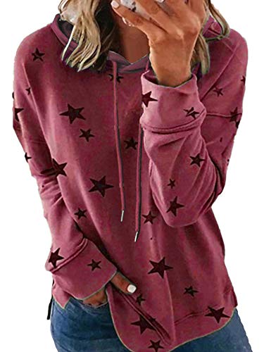 Colita Hoodie Damen Star Print Kapuzenpullover Langarm Sweatshirt T-Shirt Pullover Tops Casual Loose Langarmshirt Oberteil 4XL Rot von Colita
