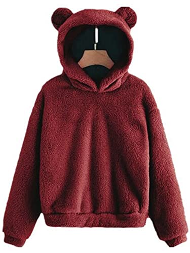 Colita Pullover Damen Kaninchen Ohr Flaumig Hoodie Mantel Fleece Mit Kapuze Teddy Fleece Feste Farbe Halten Sie Warme Outwear Kapuzenpullover Oberteil Tops L Rot von Colita