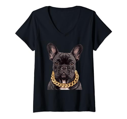 Damen Stilvolle französische Bulldogge mit goldener Kette T-Shirt mit V-Ausschnitt von Collar Animals