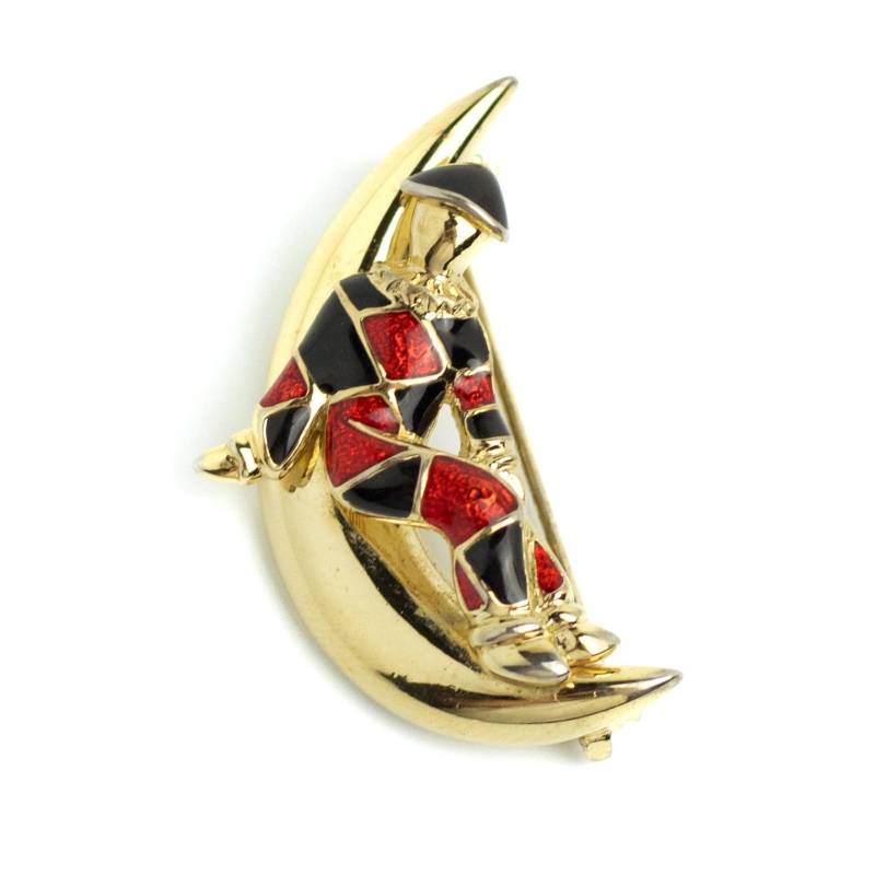 Vintage Harlekin Emaille Brosche Goldfarbener Halbmond Modeschmuck von CollectiblissVintage