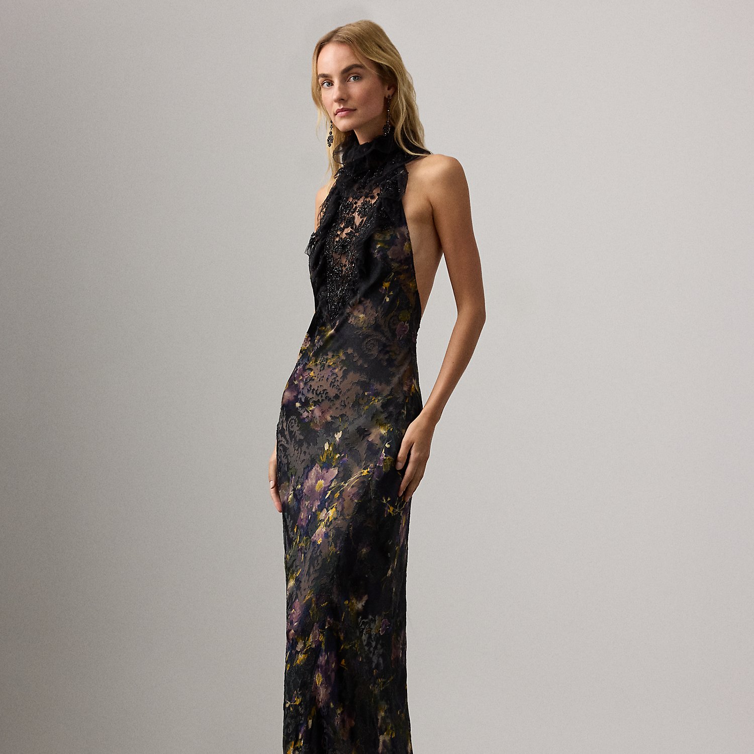 Geblümtes Devoré-Satin-Abendkleid Ellen von Collection