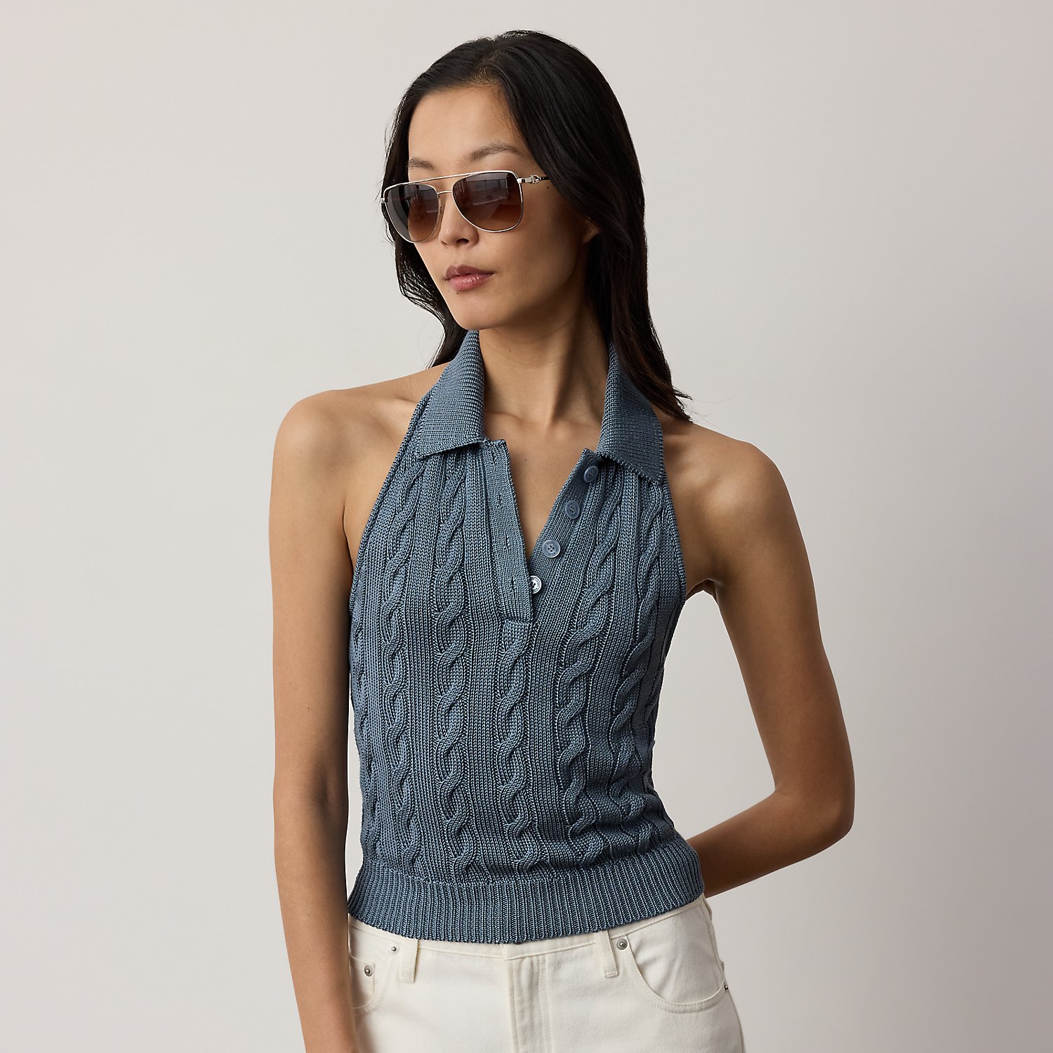 Neckholder-Polo-Pullover mit Zopfmuster von Collection