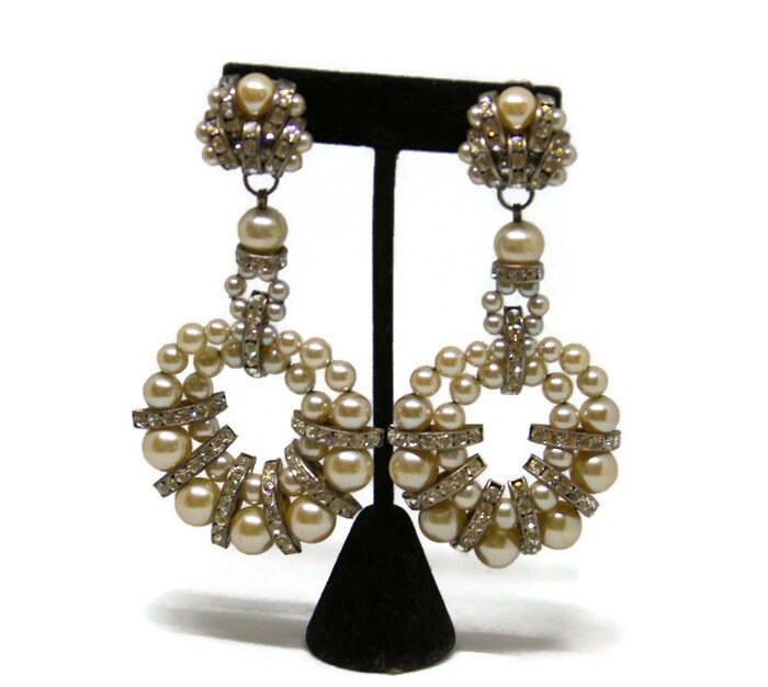 Vintage Perlen Strass Ohrringe 1980Er Jahre Statement Brautschmuck von CollectionsbyAnn