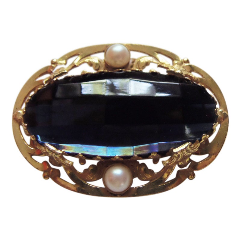 Miriam Haskell Brosche Vintage Anstecknadel in Gold Mit Blauem Stein Miriam Haskell Brosche Vintage Anstecknadel in Gold Mit Blauem Stein von CollectionsbyAnn