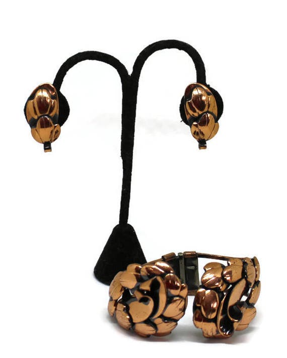 Reich Verziertes Blatt Design Kupfer-Klemm-Armband Und Passende Ohrringe Vintage 1950 Mid Century Modern Kupferschmuck Boho von CollectionsbyAnn