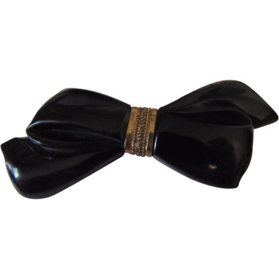 Vintage 1930Er Art Deco Schwarze Bakelit Schleifen-Brosche von CollectionsbyAnn