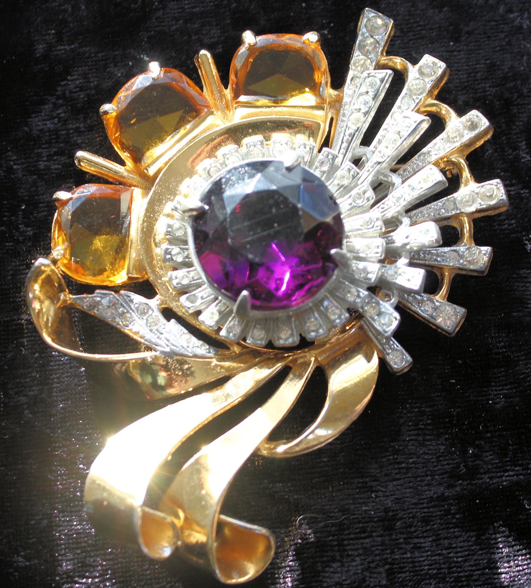 Vintage Reinad Sterling Faux Topas Strass Floral Spray Brosche 1940Er Jahre von CollectionsbyAnn