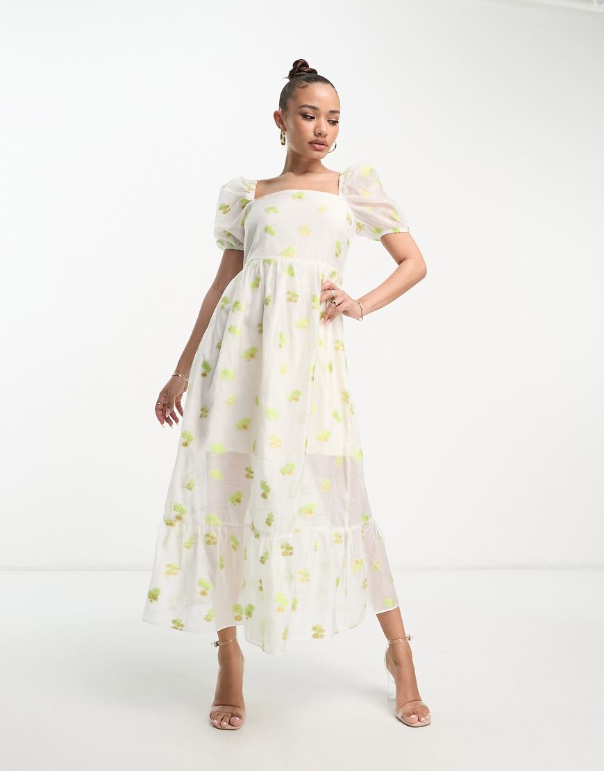 Collective The Label - Organza-Freizeitkleid in Elfenbeinweiß mit Puffärmeln und Blumenmuster von Collective The Label