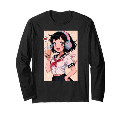 Anime Girl Cherry Blossom Japanischer Sakura-Gamer Boba Tea Langarmshirt von CollectiveJapan