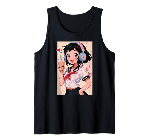 Anime Girl Cherry Blossom Japanischer Sakura-Gamer Boba Tea Tank Top von CollectiveJapan