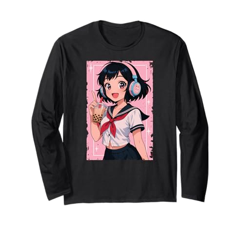 Anime Girl Japanese Waifu Gamer Japan Boba Tea Otaku Langarmshirt von CollectiveJapan