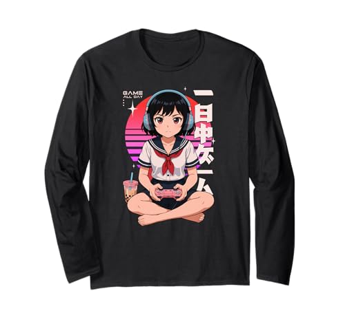 Anime Girl Retro Japanisches Spiel All Day Gamer Japan Boba Tea Langarmshirt von CollectiveJapan