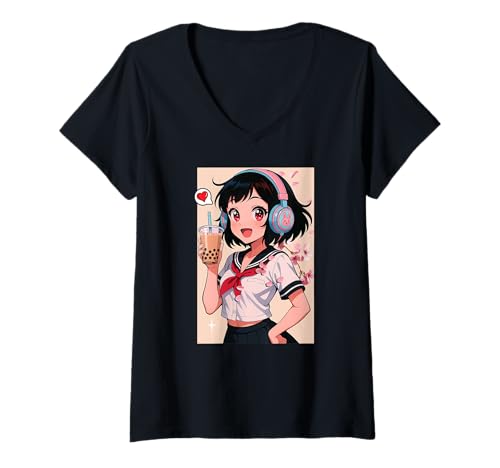 Damen Anime Girl Cherry Blossom Japanischer Sakura-Gamer Boba Tea T-Shirt mit V-Ausschnitt von CollectiveJapan