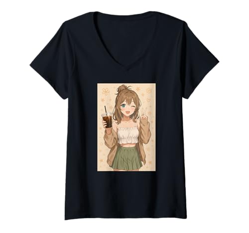 Damen Anime Girl Eiskaffee Japan Waifu Japanisches Kawaii Damen T-Shirt mit V-Ausschnitt von CollectiveJapan