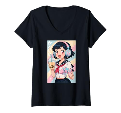 Damen Anime Girl Gamer Japanisches Spiel All Day Waifu Japan Boba Tea T-Shirt mit V-Ausschnitt von CollectiveJapan