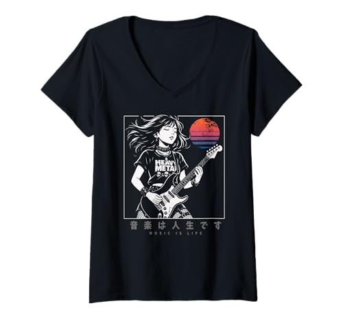 Damen Anime Girl Japanese Music is Life E-Gitarre Punk Japan T-Shirt mit V-Ausschnitt von CollectiveJapan