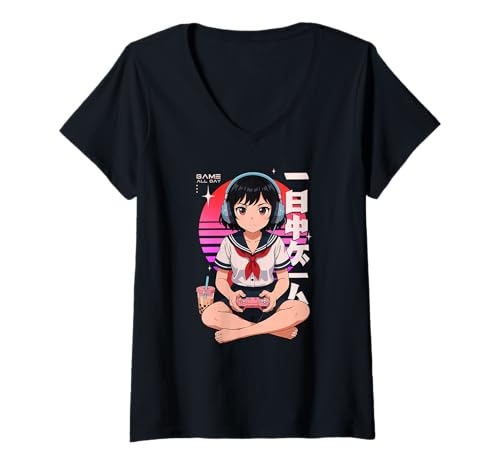 Damen Anime Girl Retro Japanisches Spiel All Day Gamer Japan Boba Tea T-Shirt mit V-Ausschnitt von CollectiveJapan