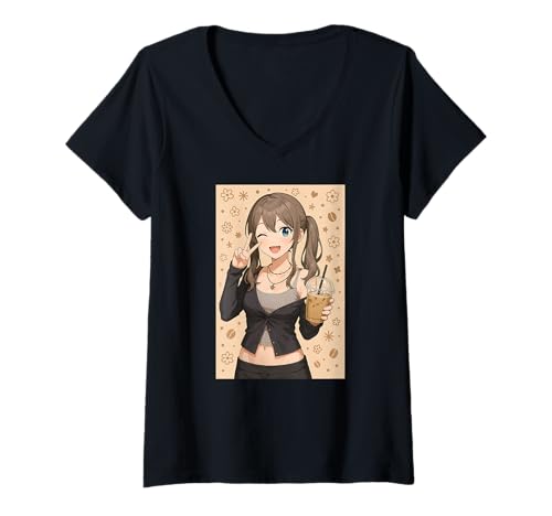 Damen Japanisches Anime Mädchen Eiskaffee Japan Waifu Kawaii Frauen T-Shirt mit V-Ausschnitt von CollectiveJapan