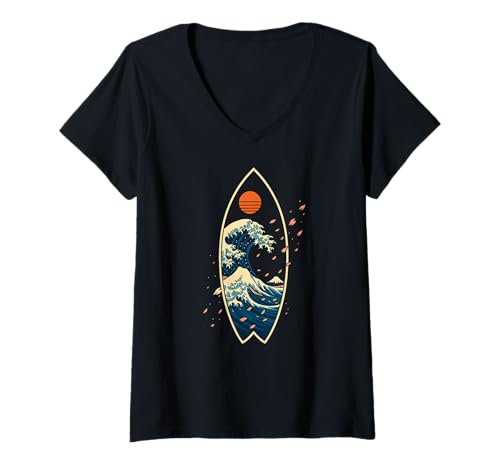 Damen Japanisches Kanagawa Wave Surf Board Cherry Blossom Japan T-Shirt mit V-Ausschnitt von CollectiveJapan