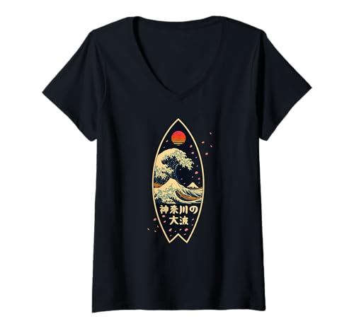 Damen Japanisches Kanagawa Wave Surf Board Surfen Japan Jungen Mädchen T-Shirt mit V-Ausschnitt von CollectiveJapan