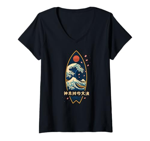 Damen Japanisches Kanagawa Wave Surf Board Surfen Japan Jungen Mädchen T-Shirt mit V-Ausschnitt von CollectiveJapan