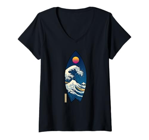 Damen Surfbrett Japanisch Kanagawa Wave Surfen Japan Jungen Mädchen T-Shirt mit V-Ausschnitt von CollectiveJapan
