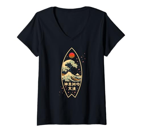 Damen Surfen Japanisches Kanagawa Wave Surf Board Japan Jungen Mädchen T-Shirt mit V-Ausschnitt von CollectiveJapan