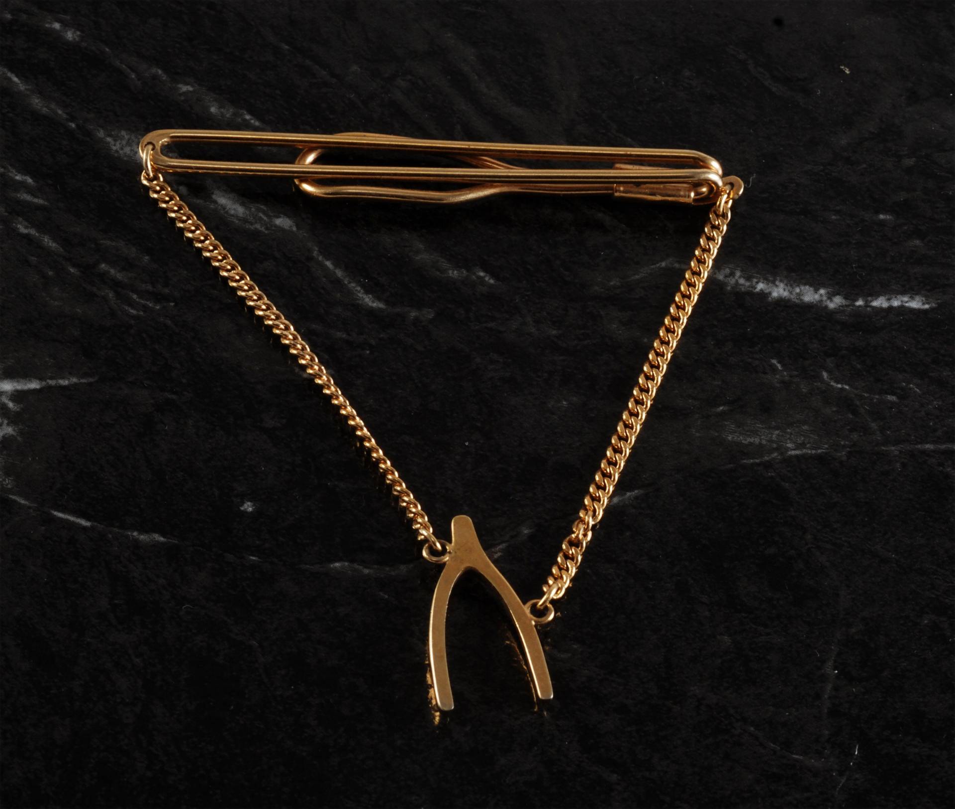 Vintage Swank Wishbone On Chain Tie Clip Signed Gold Plated Finish Clasp Usa von CollectorsUtopia