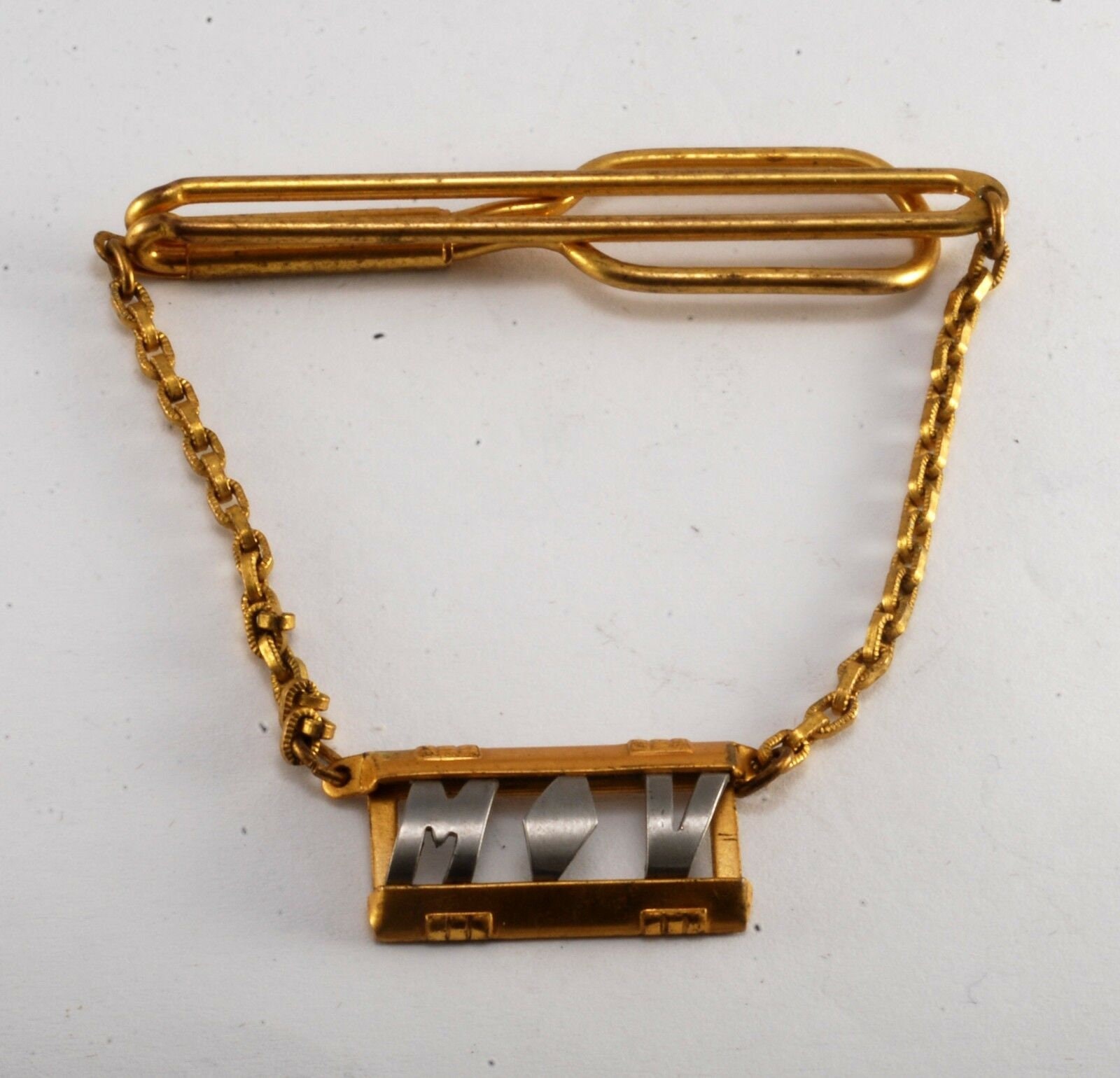 Vintage Vergoldete Messing Initialen "Cf" Krawattenklammer W Kette Signiert Anson Gebraucht von CollectorsUtopia