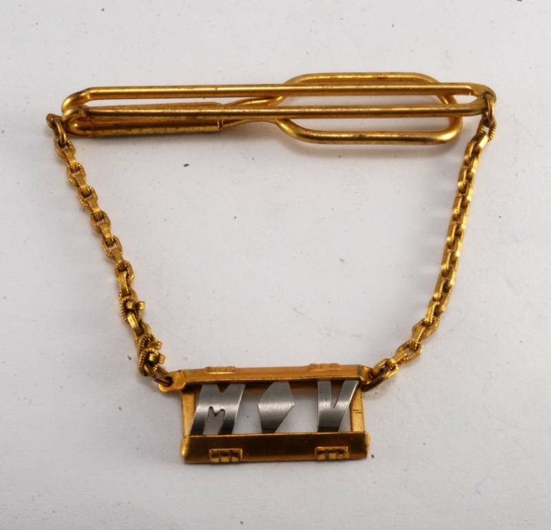 Vintage Vergoldete Messing Initialen "Cf" Krawattenklammer W Kette Signiert Anson Gebraucht von CollectorsUtopia