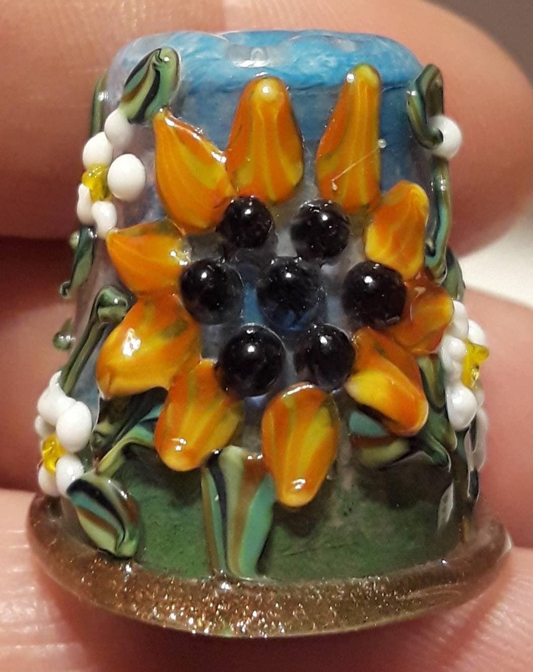 Handgefertigter Lampwork Glas Fingerhut -Big Orange Sunflowers - Sra S105 von ColleensCreations