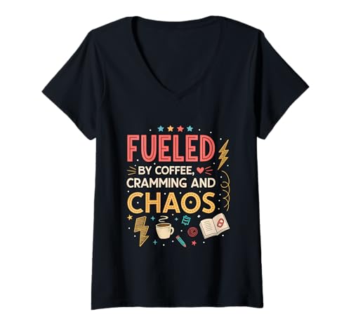 Damen Angetrieben von Kaffeestopfen und Chaos Lustige Studie T-Shirt mit V-Ausschnitt Damen Angetrieben von Kaffeestopfen und Chaos Lustige Studie T-Shirt mit V-Ausschnitt von College Student Finals Week for Cute Exam Season