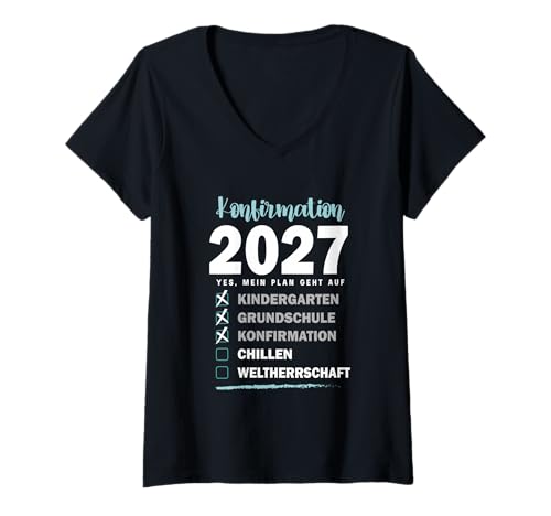 Damen Konfirmation 2027 Geschenk Lustiges Shirt Checkliste Plan T-Shirt mit V-Ausschnitt Damen Konfirmation 2027 Geschenk Lustiges Shirt Checkliste Plan T-Shirt mit V-Ausschnitt von Colles Konfirmation Geschenk Idee Christentum